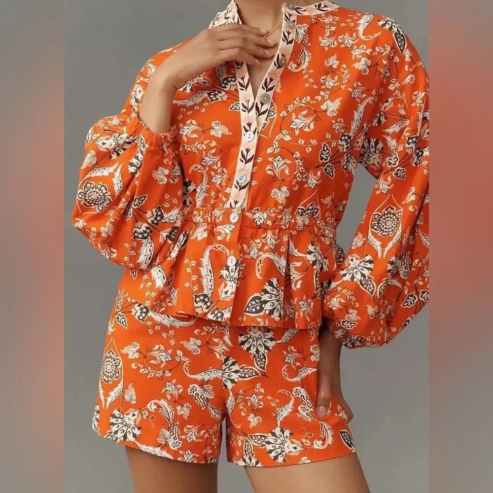Farm Rio x Anthropologie Long-Sleeve Printed Romper NWT Size L